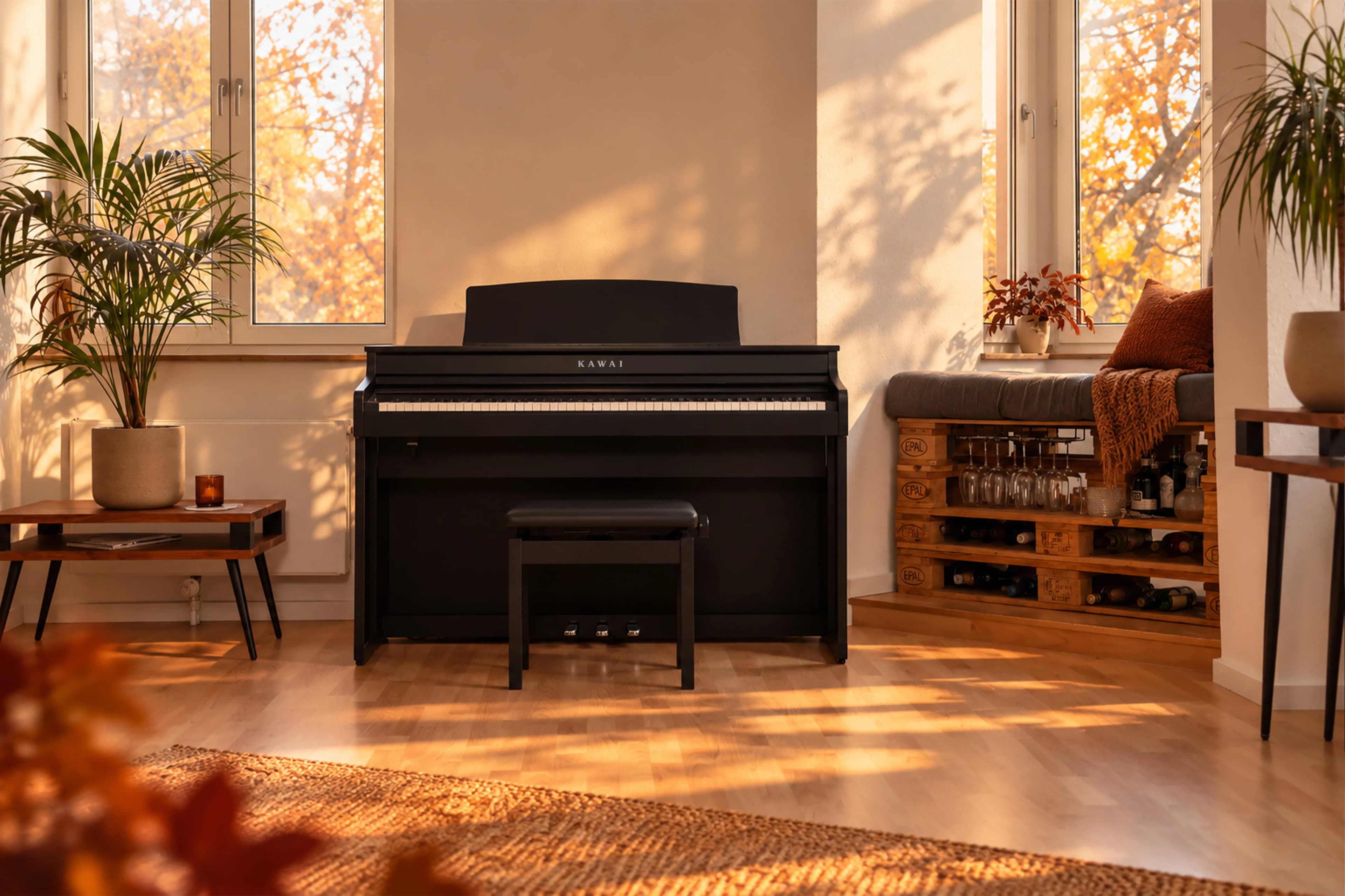 A Kawai acoustic piano in a sunlit room